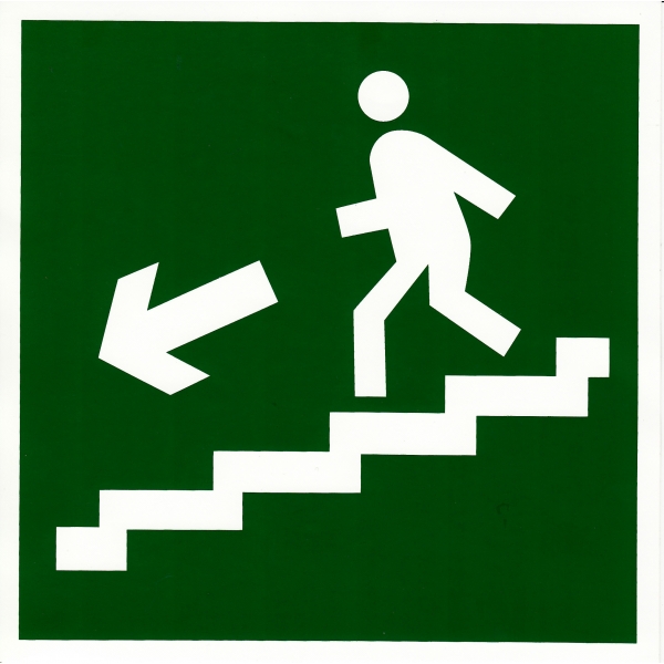 Пожарный знак "Направление к эвакуационному выходу по лестнице вниз" (E14)